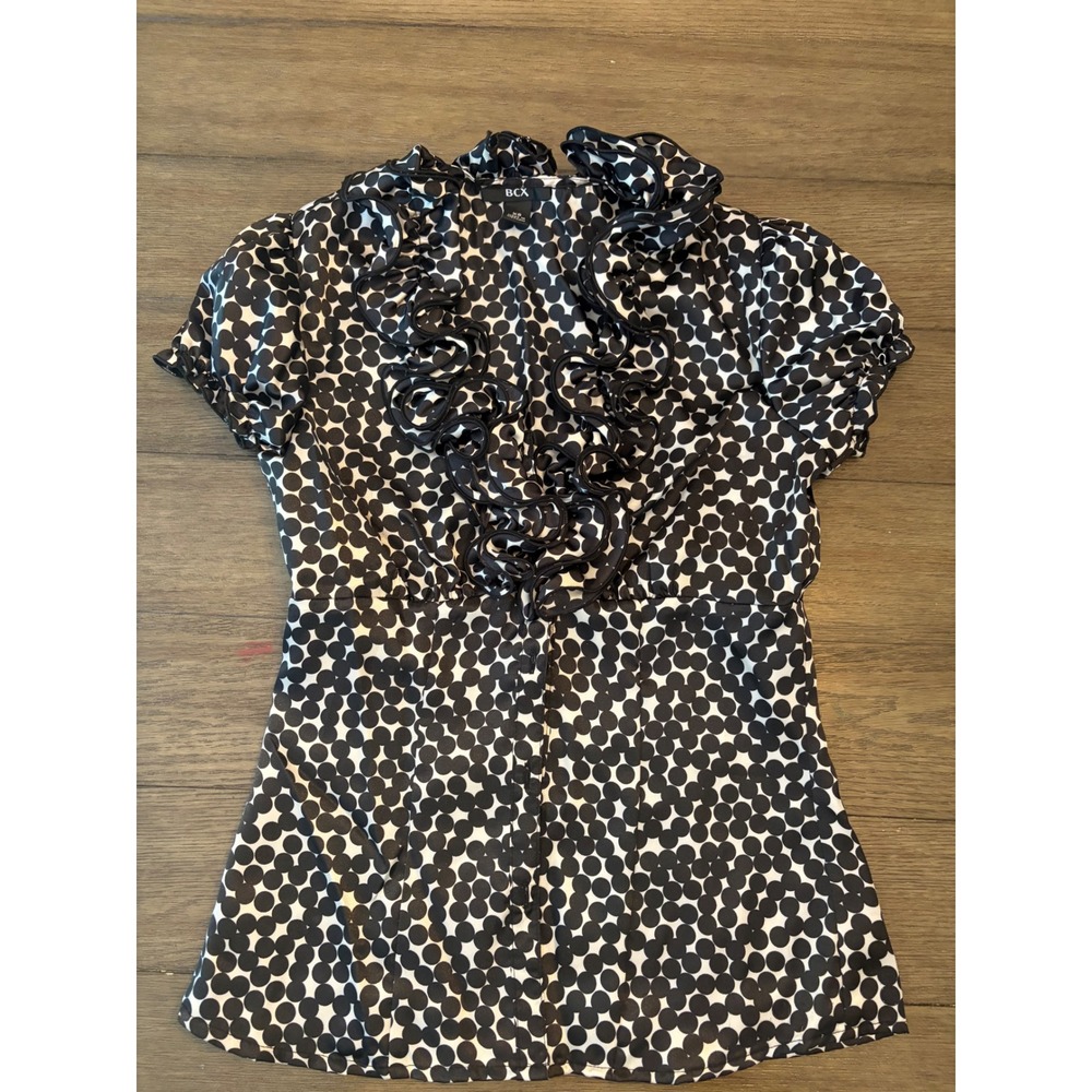 Coquette BCX Polka Dot Blouse Womens XS Ruffle Neck Short Sleeve Black White Top